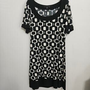 Tiana B Black Beige Dress Sz L Geo Design Black Borders Scoop Neck Short Sleeve